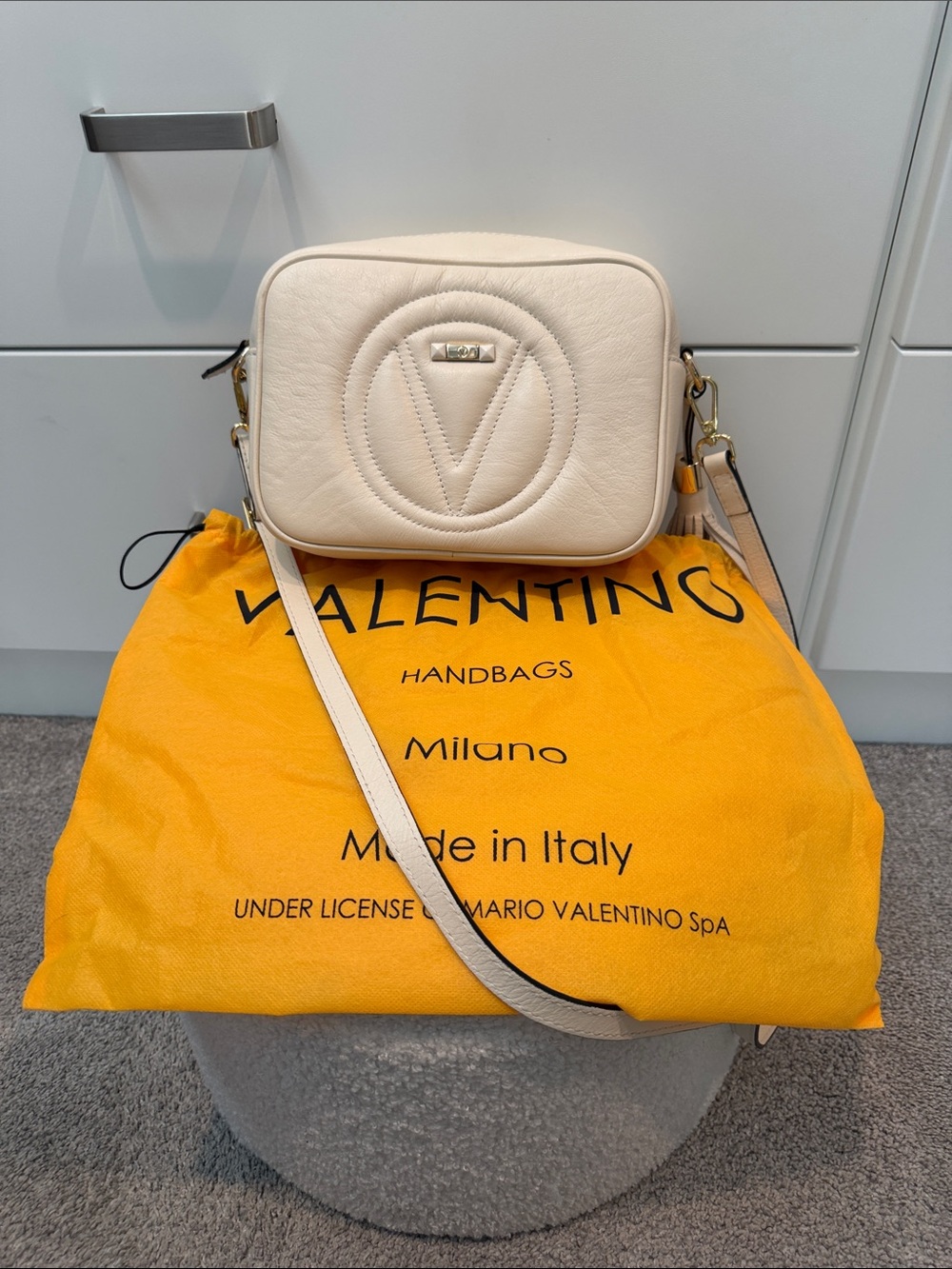 Mario Valentino Cream Leather V-Emblem Crossbody Bag